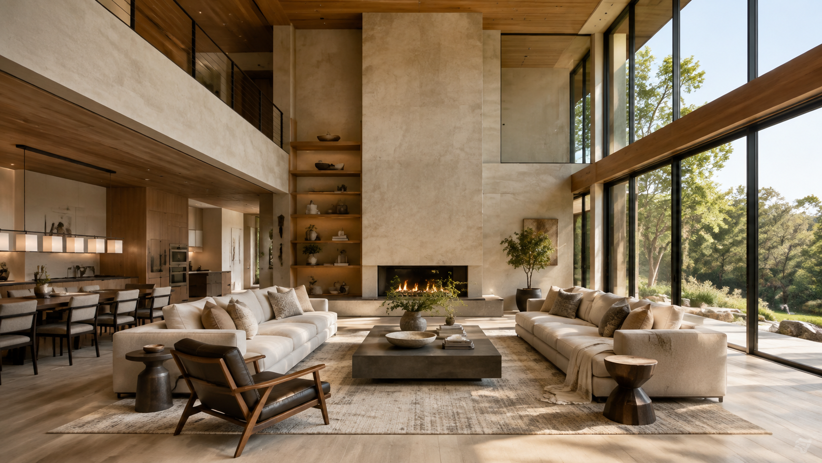Large modern living room with high ceilings and natural light